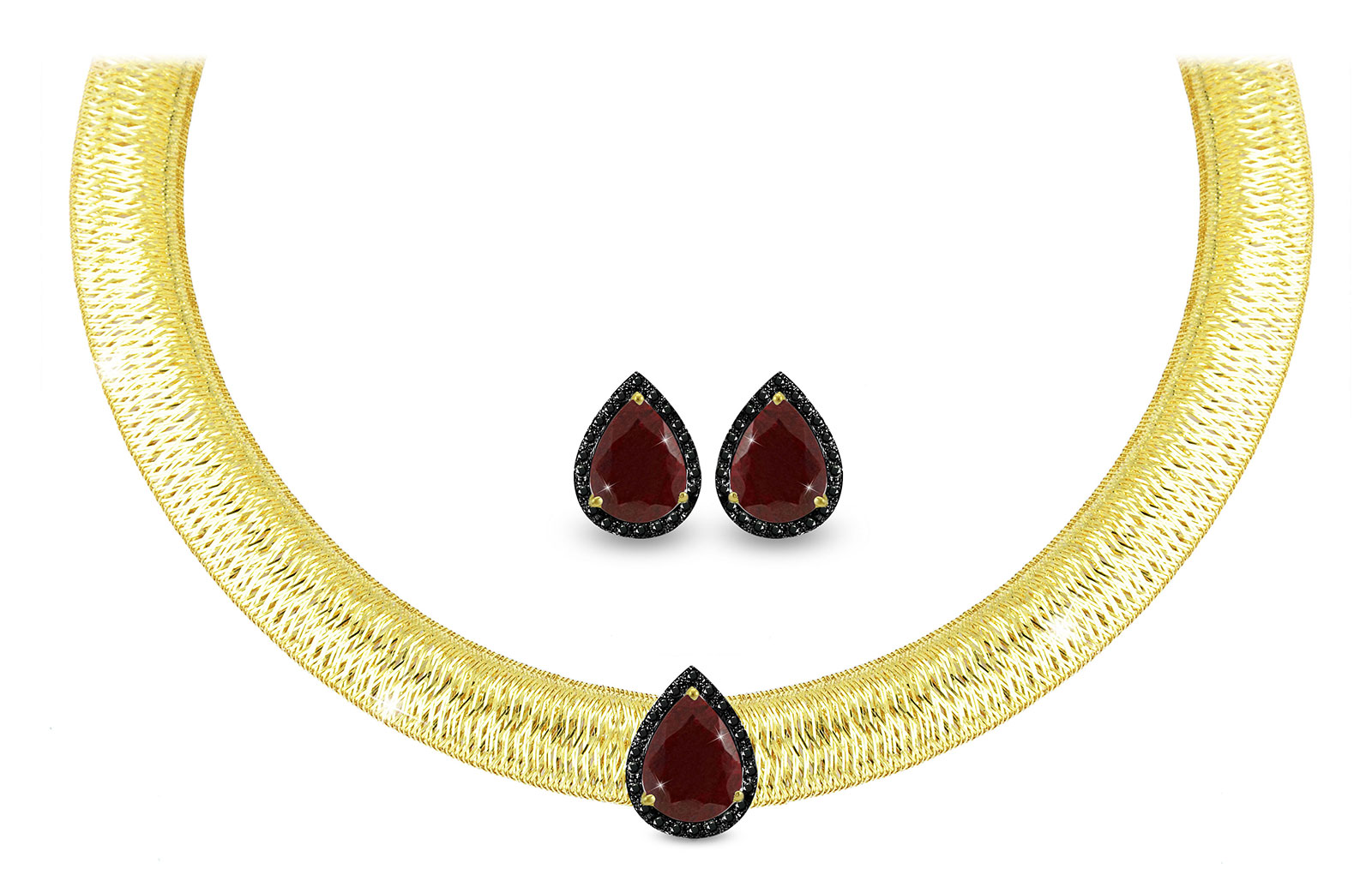 Vera Perla 18K Gold 0.36ct  Black Diamonds, Ruby Jewelry Set - 2 pcs.